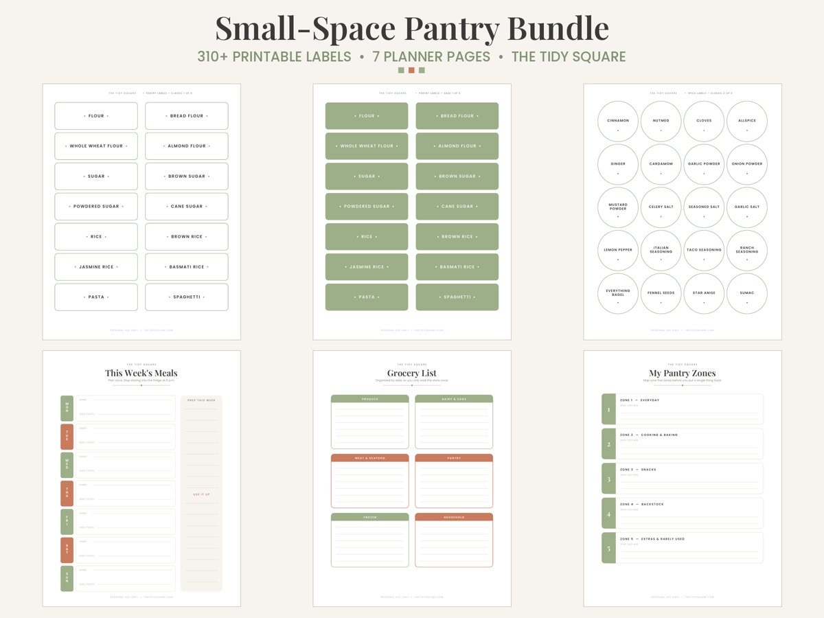 The Small-Space Pantry Bundle — printable labels and planner pages preview