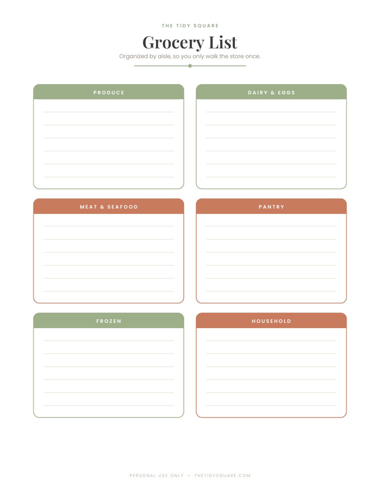 Aisle-by-aisle grocery list printable preview