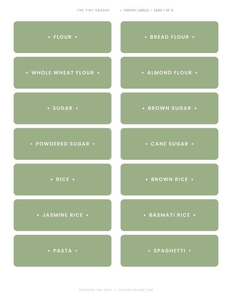 Sage printable pantry labels from The Tidy Square bundle