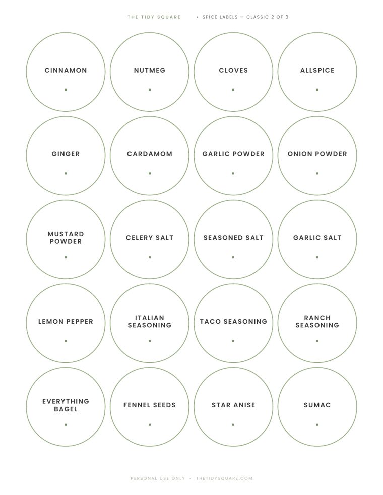 Round spice jar labels sheet